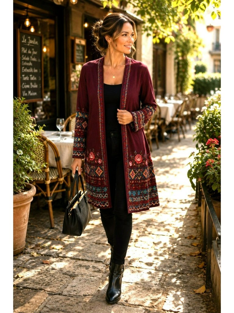 Johnny Was Bohemian Burgundy Cardigan Open Front Embroidered Floral M